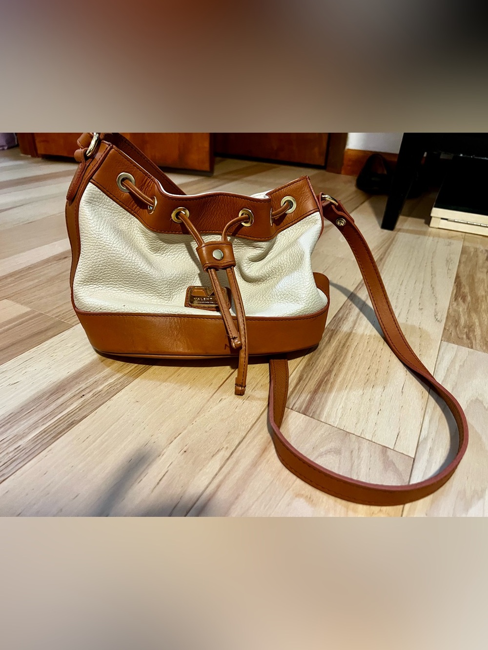 Valentina Cream & Brown Drawstring Crossbody Bucket Bag Italian